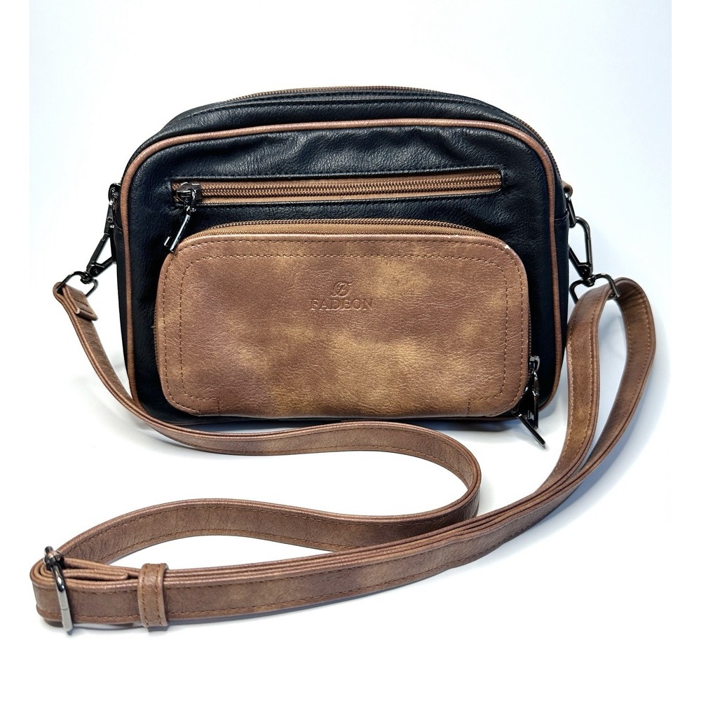 FADEON Black‎ Tan Faux Leather Crossbody Bag Multi Zipper Organizer Card Holder